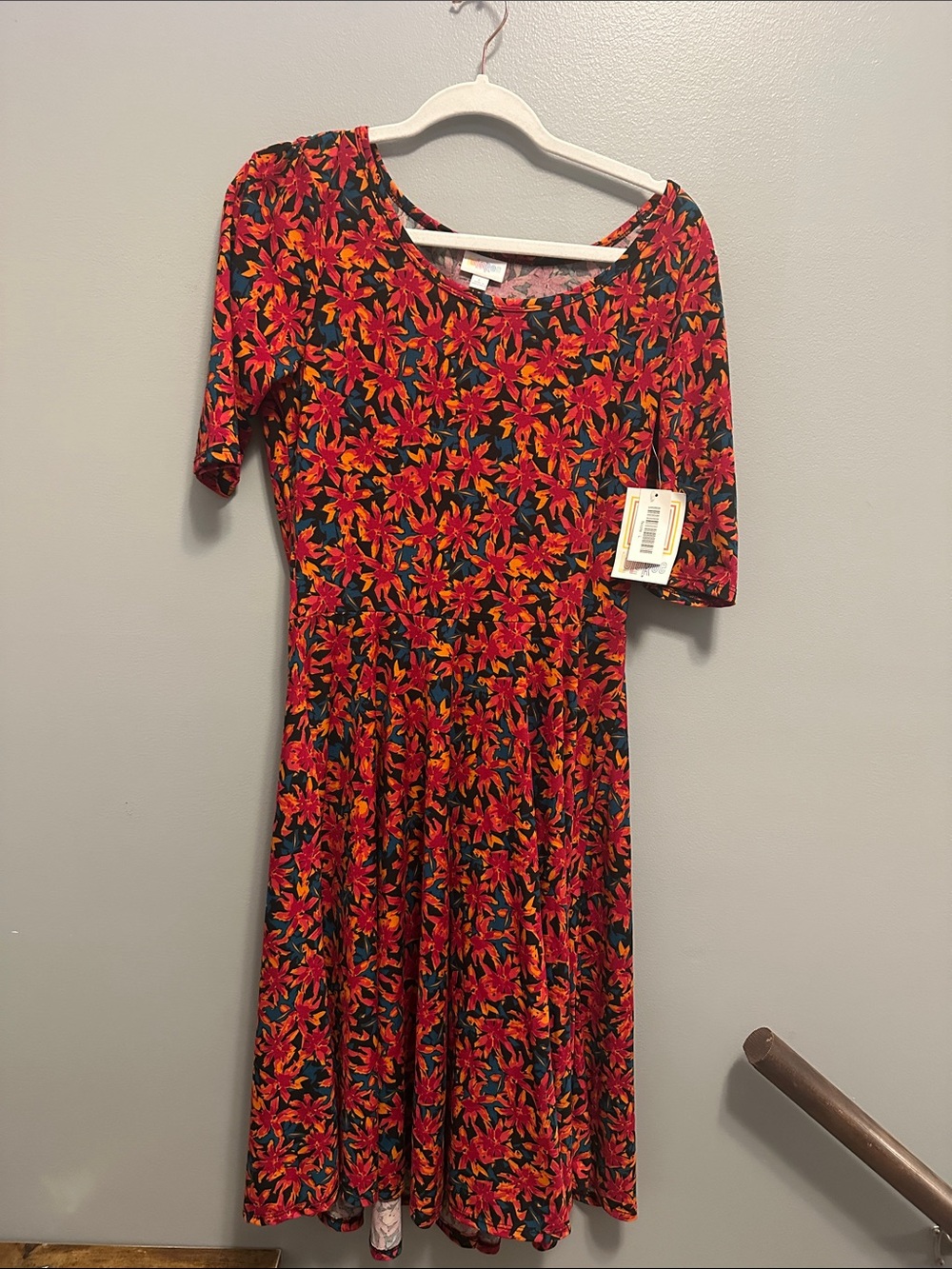 LuLaRoe Red Floral Midi Dress with Orange and Yellow Accents